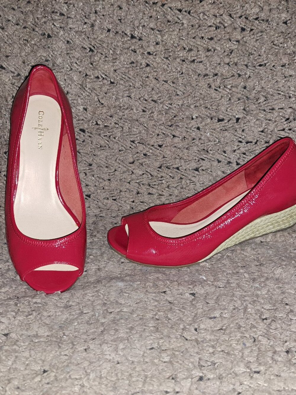 COLE HAAN- Cherry Red Patent Leather-Peep Toe Espadrille Wedge-Sz 6-Near Mint